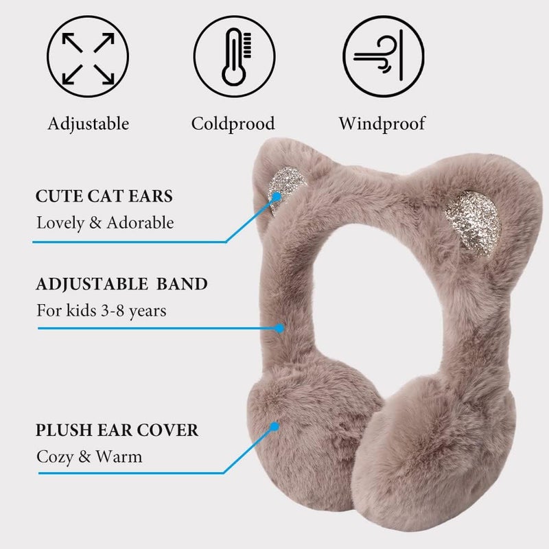 Peecabe Winter Kids Earmuffs Warm Girl Ear Muffs For Toddler Kid Children Earmuff with Cat Ears Girls Ear Warmer (Khaki) - Image 2
